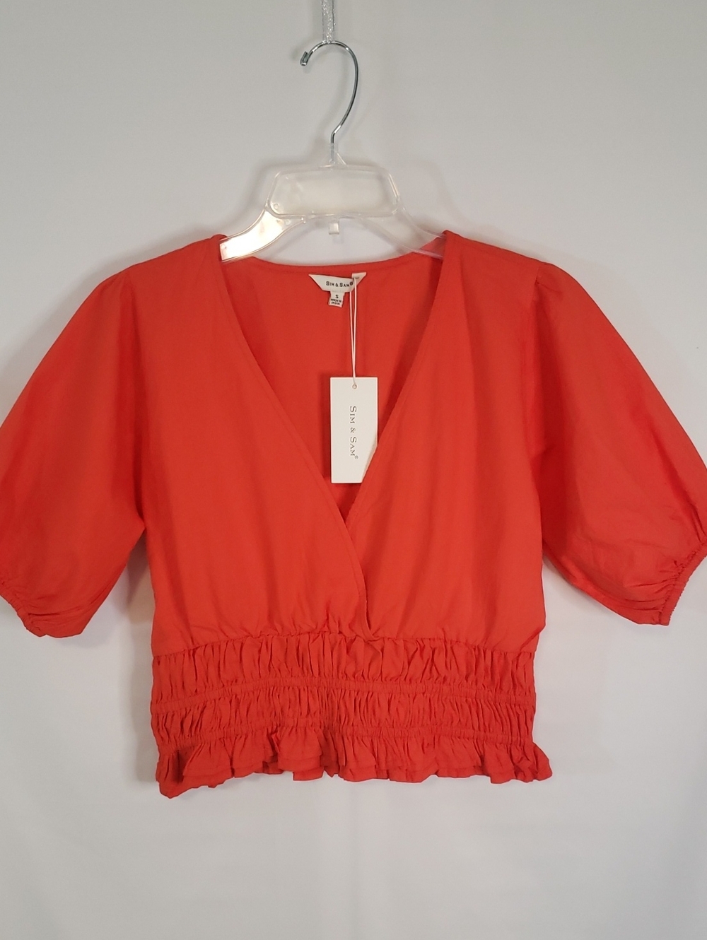 Sim & Sam Bright Deep Orange Puff Sleeve Smocked-Waist V-Neck Top